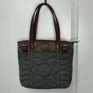 Fossil Gray Quilted Tote with Brown Leather Straps #268